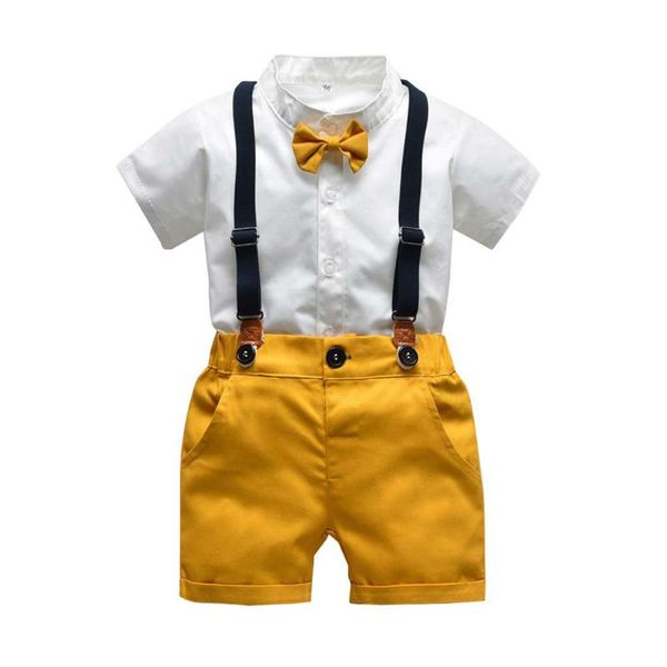 

clothing sets cartoon pattern print set infant baby boys gentleman bow tie t-shirt +solid shorts overalls outfits toddler boy clothes #0, White