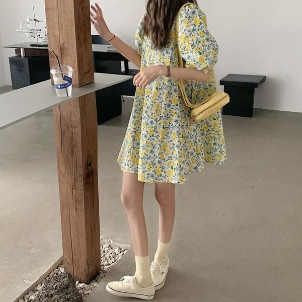 

casual dresses 2021 french style puff sleeve dress women's summer small waist slimming elegant floral, Black;gray