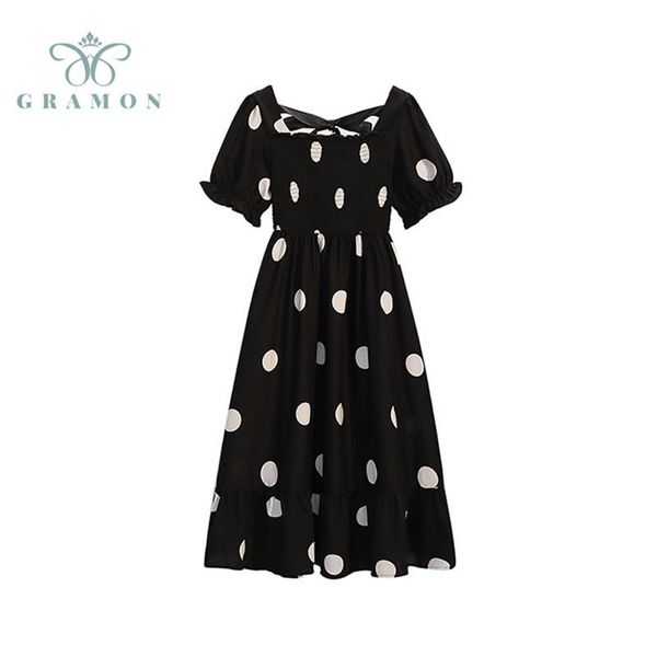 

plus size dresses summer french fashion elegant square neck puff sleeve polka dot print dress women party casual midi female 2021, Black