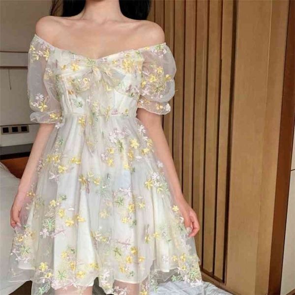 

french floral dres puff sleeve lace chiffon print mini summer korean style vintage fairy 210701, Black;gray