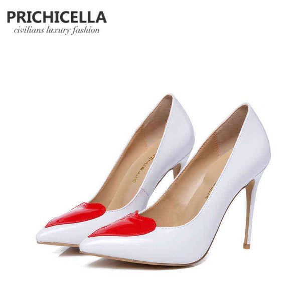 Sapatos de vestido Prichicella Branco Couro Genuino Tênue Sapatas de Salto Alto Com Coração Vermelho Mulheres Vestido Casamento Sapato Plus Size 220303
