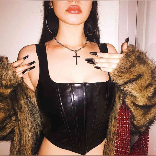 

casual black pu leather slim zipper vest women goth simple fashion street club skinny solid basic wild tank 210517, White