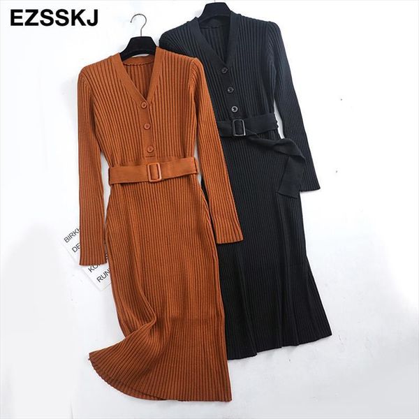 

autumn winter knit long women dress casual v neck slim bodycon sweater dresses lady thick button with belt, Black;gray