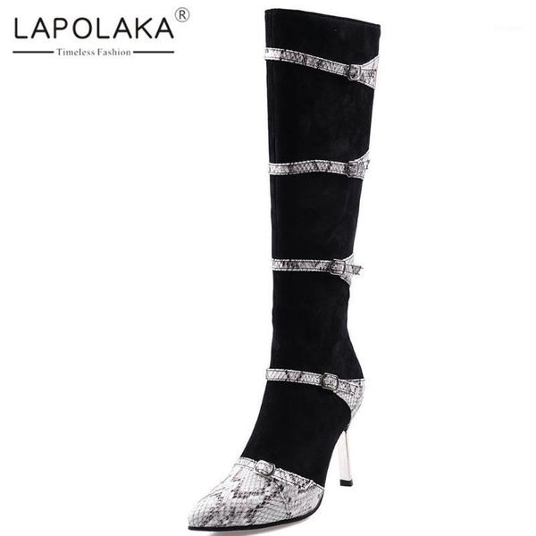 

boots lapolaka 2021 plus size 32-48 fashion thin high heels mid calf woman shoes pointed toe zipper women lady1, Black