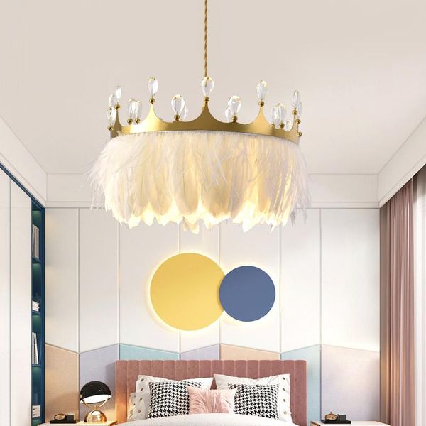 

pendant lamps crown crystal feather lamp bedroom chandelier net red nordic simple light luxury modern children's room warm and romantic