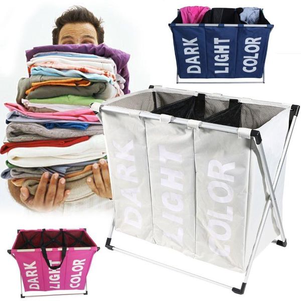 

folding laundry hamper washing 3 section sorter clothes storage basket bin organizer bag & organization