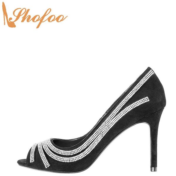 

dress shoes black crystal stilettos high thin heels pumps peep toe woman slip on large size 14 16 ladies fashion evening party shofoo