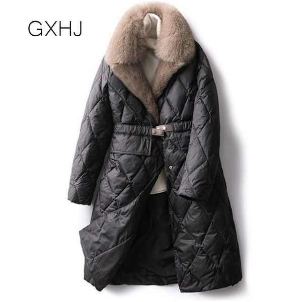 

gxhj womens casual elegant coat female cotton-padded quilted parka jacket down padded winter outwear fake fur collar 211018, Black