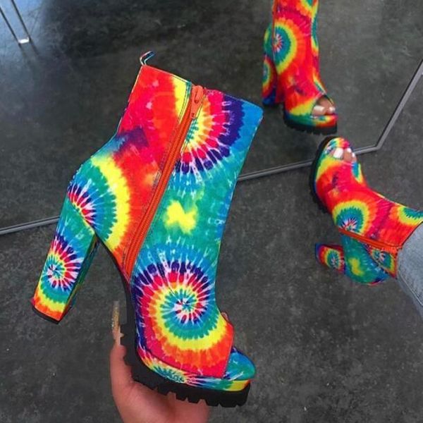 

boots autumn/winter graffiti dyed printed fish mouth motorcycle square heel women party 2021, Black