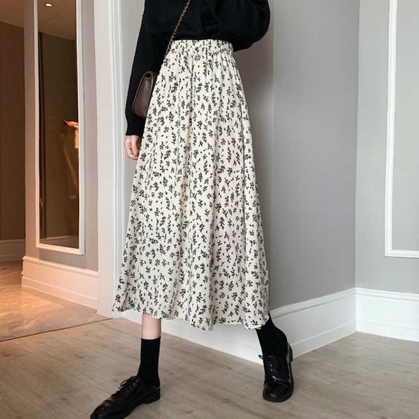 

skirts vintage floral print a-line pleated long winter women korean streetwear drawstring elastic waist midi skirt lined jim1, Black