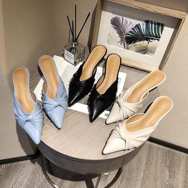 

slippers folds bow-knot microfiber pointed closed toe women stilletto kitten heels mules slides summer outdoor elegant sandalias, Black