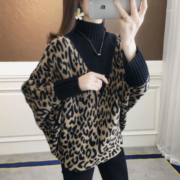 

knitted bat shirt leopard pullover sweater women's loose short for autumn and winter 2021 sweaters, White;black