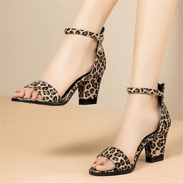 

leopard print high heel sandals women 2021 summer open toe block heels laides shoes plus size 45 46 47, Black