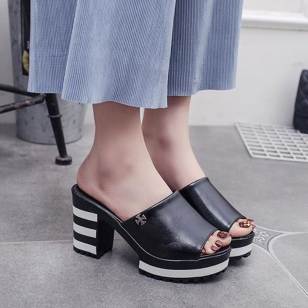 

sandals women pu leather thick heel slippers woman platform wedges summer shoes pumps flip flops 3767, Black
