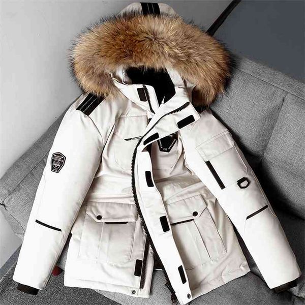 Piumino invernale da uomo caldo con cappuccio bianco piumino d'anatra anorak uomo parka medio lungo collo di pelliccia staccabile cappotto giacca impermeabile uomo 210818