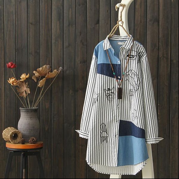 

women shirt 100% cotton blouse and shirts turn down collar long striped embroidery loose lady outwear coat, White