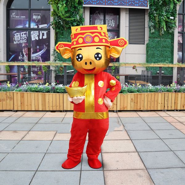 

mascot costumes chinese new year god of fortune pig mascot costume with props gold ingots party dress suits for halloween xmas easter, Red;yellow