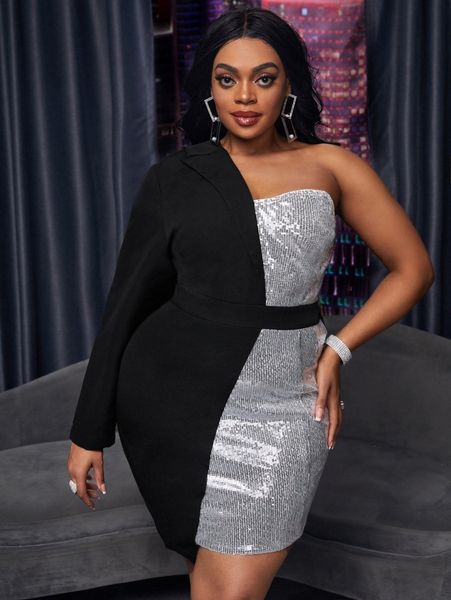 

sxy plus one shoulder contrast sequin asymmetrical hem dress h90m#, Black