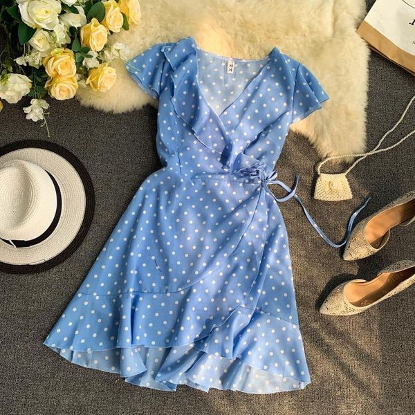 

women lace up floral polka dot summer dress v neck wrap dress slim waist elegant boho ruffles beach short dress vestido x0521, Black;gray