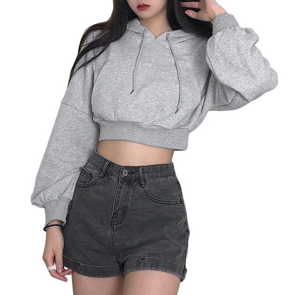 

women's hoodies & sweatshirts women sweatshirt short crop hoodie casual long sleeve solid color loose fit drawstring cropped slim coat, Black