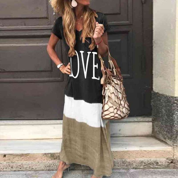 

maxi long dress summer dress women letter print patchwork sundress casual loose plus size v neck vestidos, Black;gray
