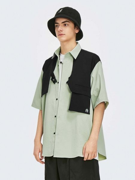 

men push buckle patch detail colorblock shirt m19y#, White;black