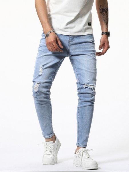 

men ripped frayed bleach wash skinny jeans f1cv#, Blue
