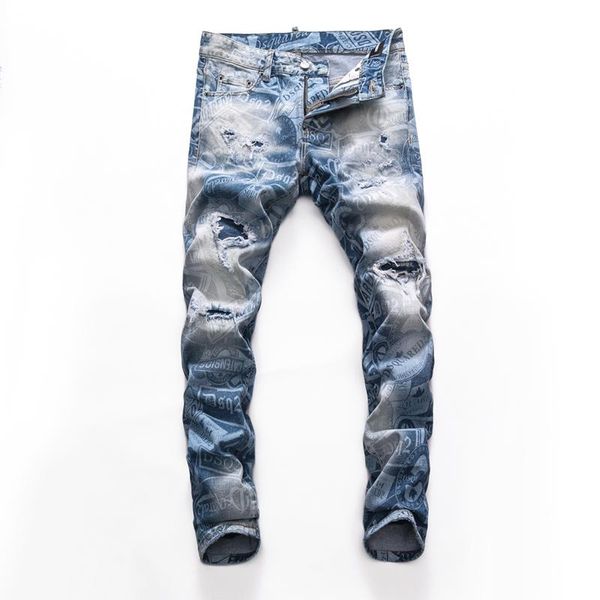 

european brand men italy jeans pants design stretch slim denim trousers blue hole for 8269 men's