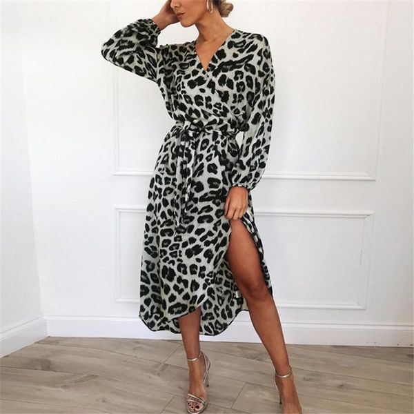 

casual dresses leopard dress autumn 2021 women elegant chiffon midi loose long sleeve v neck party tunic vestido 4 colors, Black;gray