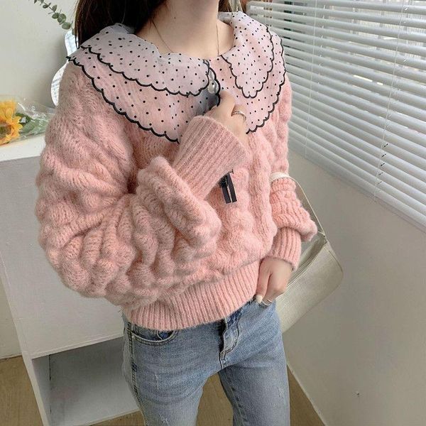 

women's sweaters dot mesh double-layer doll collar female thick falbala fashion wear knit pullover coat, White;black