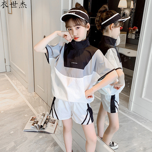 

2022 summer new girls stand-up collar color matching suit big childrens fashion casual sports shorts two-piece suit, White
