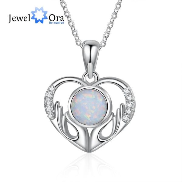 

pendant necklaces jewelora elegant heart necklace with simulated opal stone clear cubic zirconia paved women fashion accessories, Silver