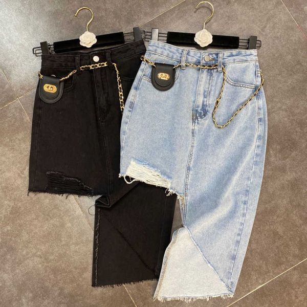

faop summer design ripped holes denim irregular skirt with chain belt streetwear women fashion gb523 210709, Black