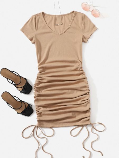 

v-neck drawstring ruched side dress t6bn#, Black;gray