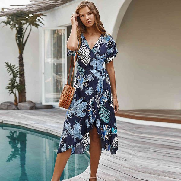 

jastie summer beach midi dress women floral print boho dress ruffles wrap casual v-neck split party dress robe femme 210419, White