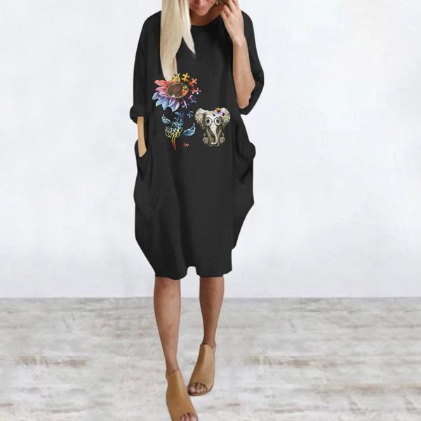

casual dresses women long sleeve loose o neck printed dress evening ladies autumn winter elegant oversize, Black;gray