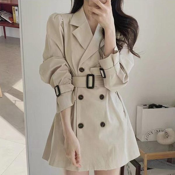 

women's trench coats [ewq] fashion autumn temperament lapel double breasted lace up waist puff sleeve short windbreaker female 5e2954, Tan;black