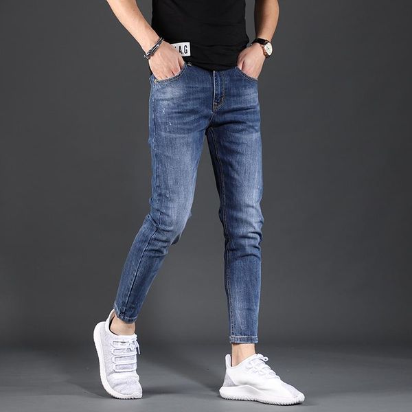 

men's jeans wholesale 2021 ankle length denim trendy brand slim pants korean blue summer casual teenager pencil