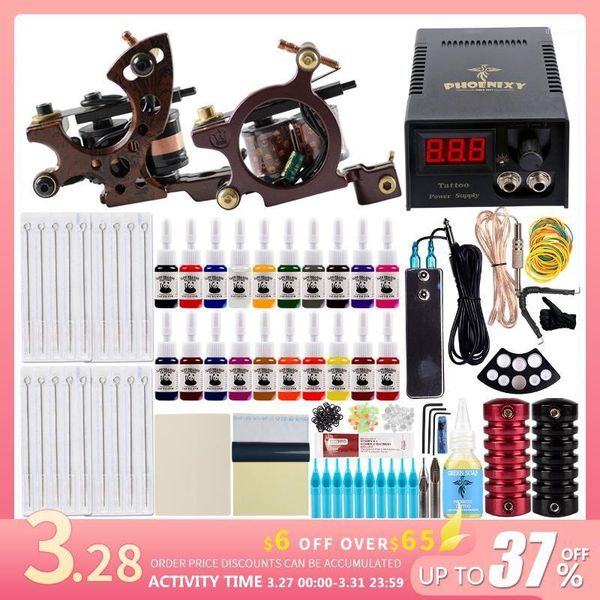 

tattoo kit professional 2 machines set black ink power supply grips body art tools permanent makeup1