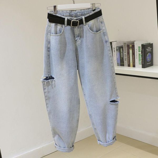 

women's jeans donsignet ripped 2021 summer korean version high waist large size student loose wide legs ankle-length pants, Blue