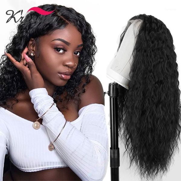 

kryssma natural black wigs for women long curly synthetic lace front wig cosplay #1b heat resistant fiber hair with bangs1