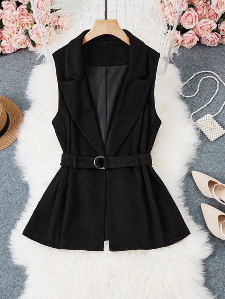 

plus lapel neck sleeveless belted overcoat c4k3#, Black