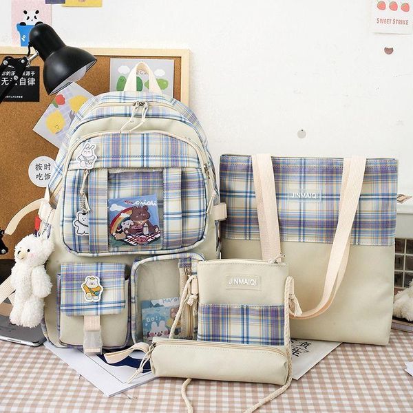 

school bags 4 pcs/set plaid for teenage girls cute backpack women student schoolbag nylon bookbag 2021