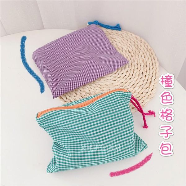 

korea plaid cosmetic bag for grid women travel clutch phone storage makeup organizer girls cute toiletry pouch bags & cases