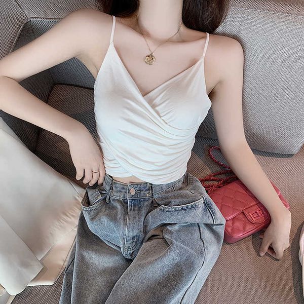 

summer cross crop camis white tank women v neck womens camisole halte folds chic woman clothing black 210604