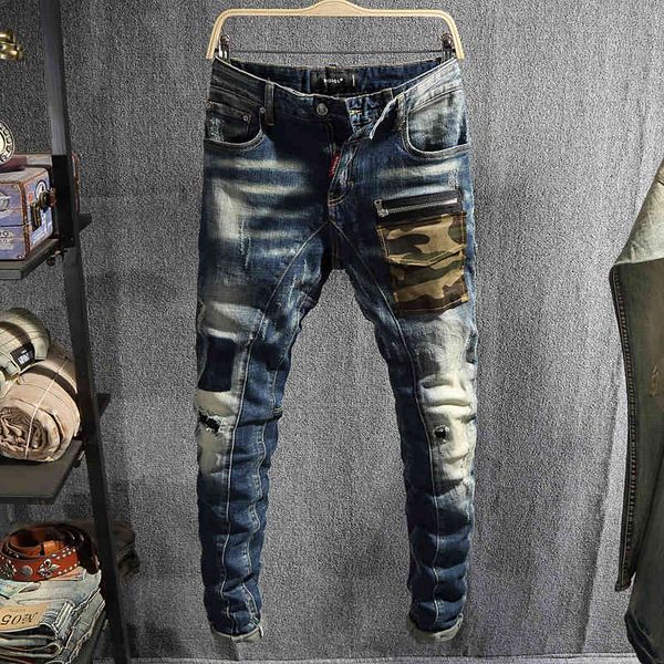 

jeans fashion streetwear retro blue slim fit elastic ripped men camouflage pocket hip hop pants spliced biker jeans