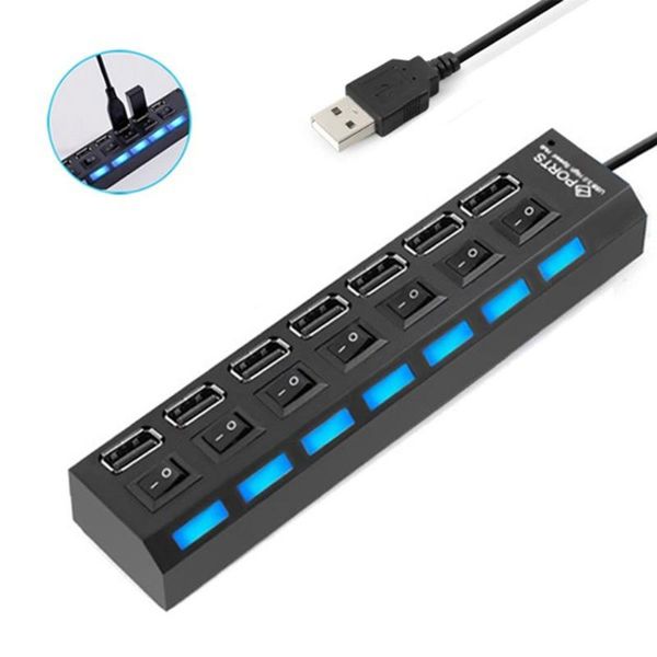 

hubs 7 ports usb hub led 2.0 adapter high speed multi-port socket powered on/off switch charging port splitter for pc laptop