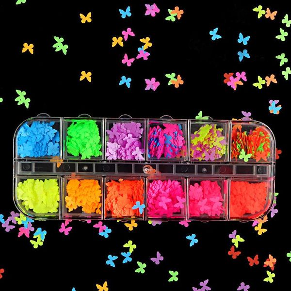 

nail art decorations 12 grids/set fluorescent butterfly sequins diy design tiny slices decoration acrylic beauty polymer clay sticker access, Silver;gold