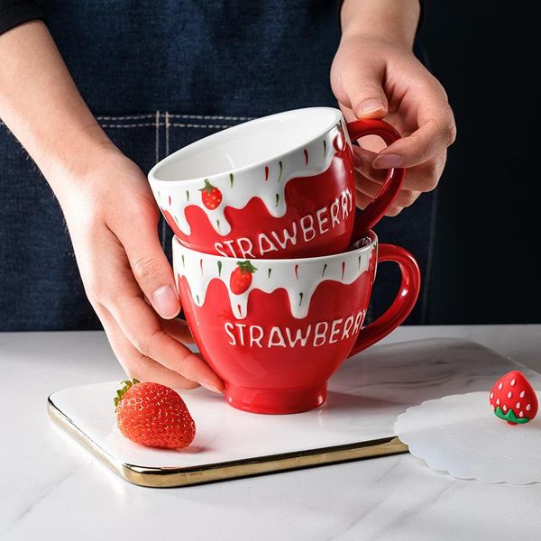 

mugs strawberry ceramic mug milk cup coffee tea afternoon with lid spoon household water oatmeal breakfast