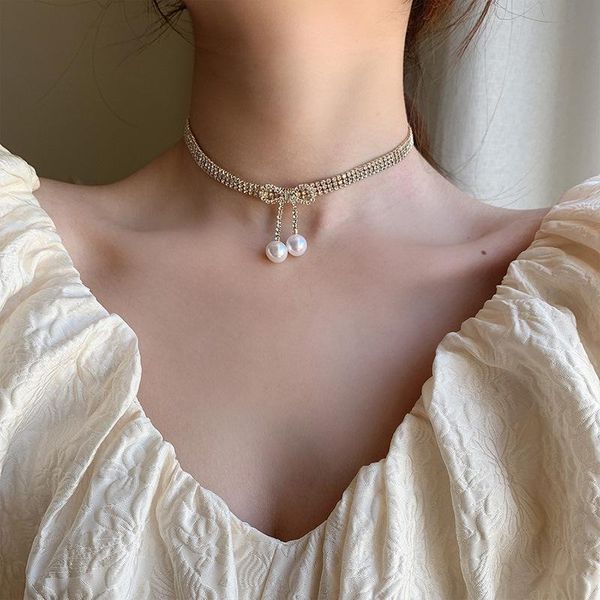 

pendant necklaces origin summer temperament bowknot chokers necklace for women bling rhinestone simulation pearl dangle jewellery, Silver